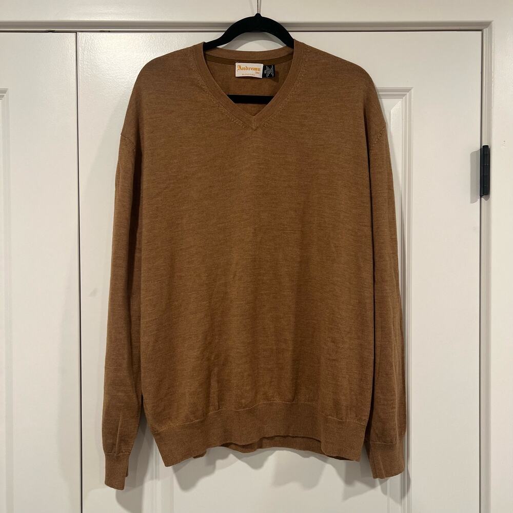 Andrews Inc. Men's Vneck Sweater 100% Extrafine Merino Wool Brown Size XXL‎